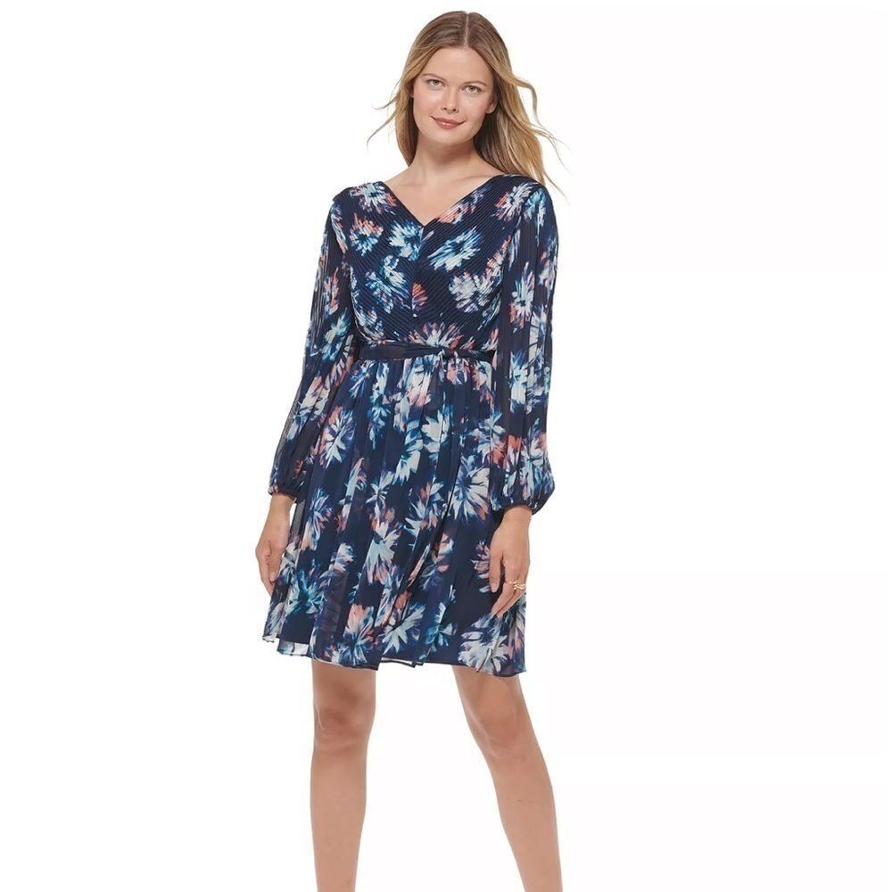 DKNY Pleated Balloon-Sleeve Dress in navy pink, size 2. Women’s dress